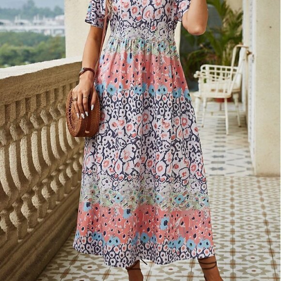 Multicolor Boho Women's Printed Short Sleeve Dress With Split Hem - Picture 4 of 5